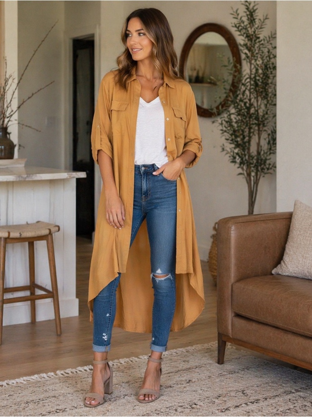 Made in Italy Gold High Low Duster Silky Button Down Boho Long Shirt Jacket 39 4